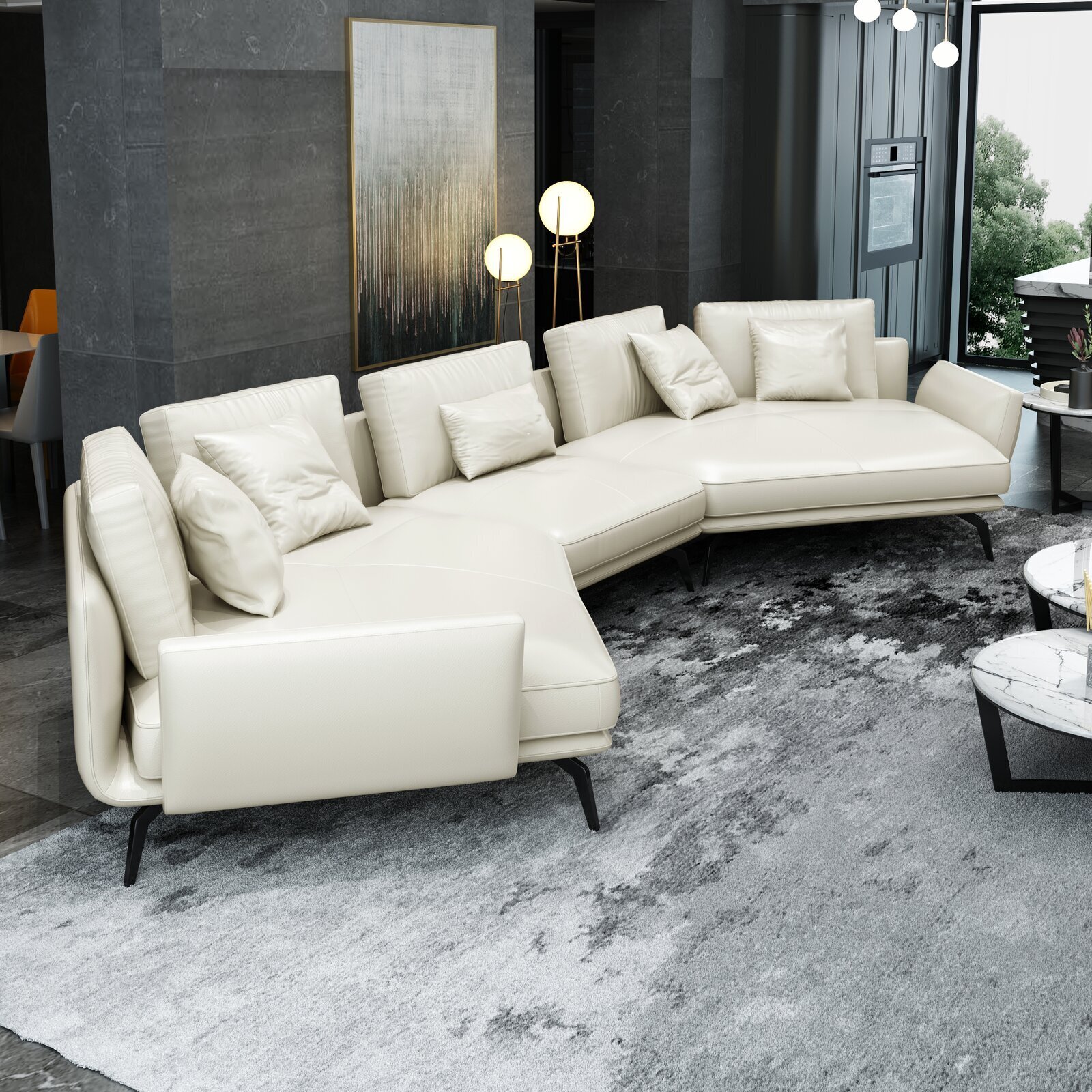 Curved Leather Sectional Sofa with Two Love Seats