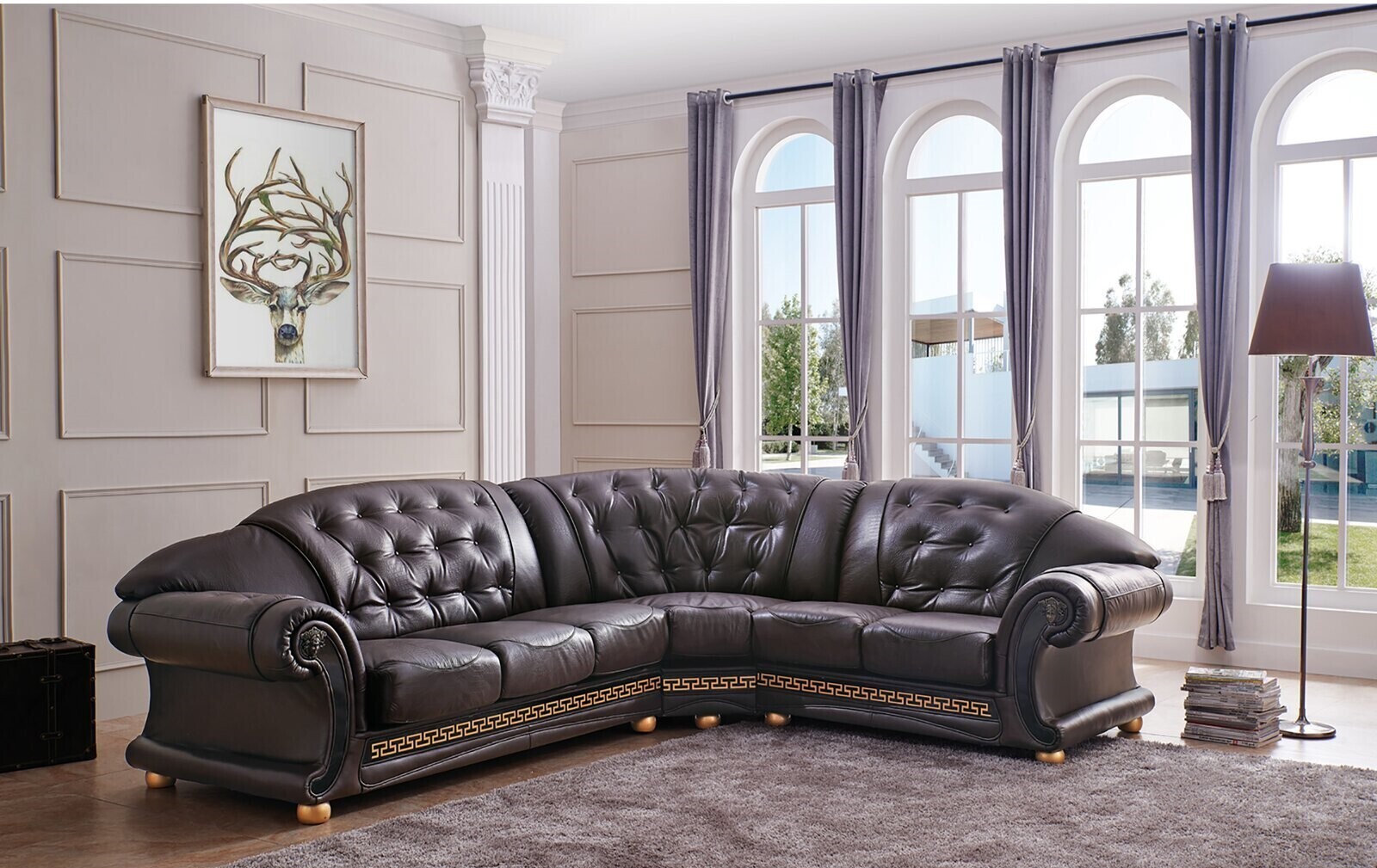 Curved Leather Sofa with Wide Tufted Backing