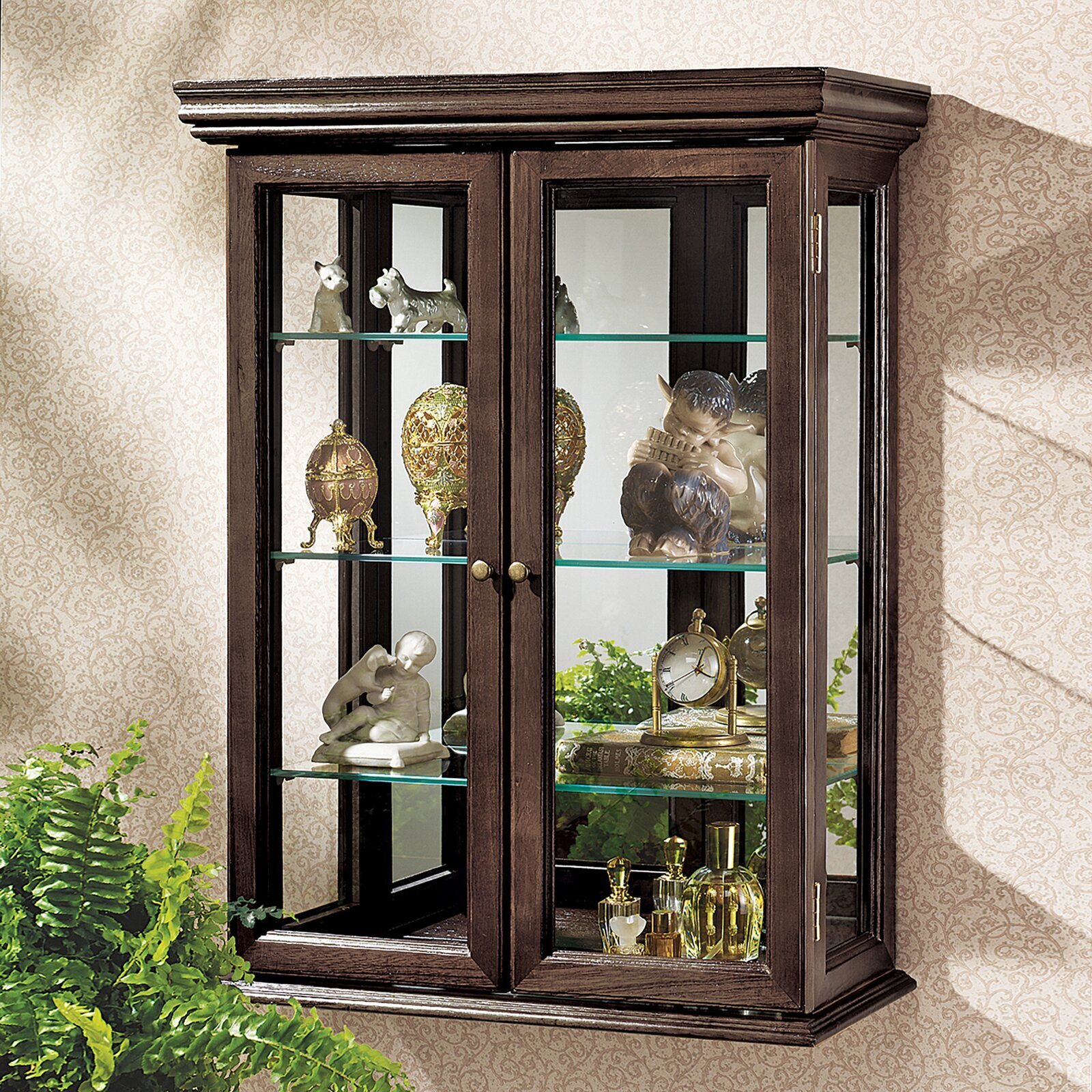 Dark Wood Wall Cabinet with Glass Doors