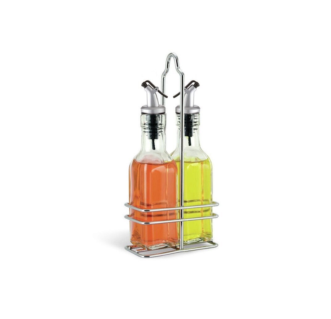Decorative olive oil bottles as a set with caddy