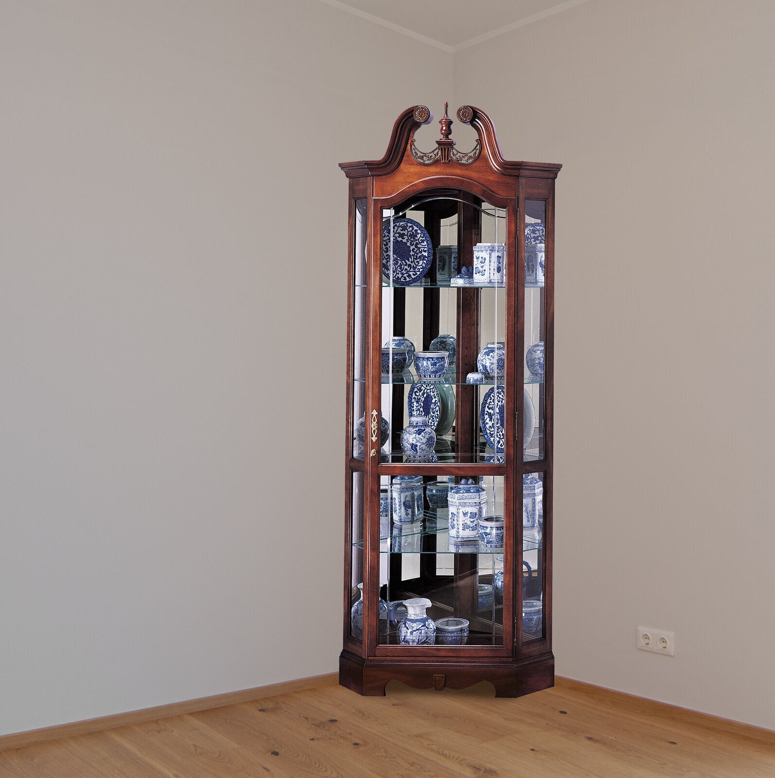 Decorative Swan Neck Design Corner Curio Cabinet