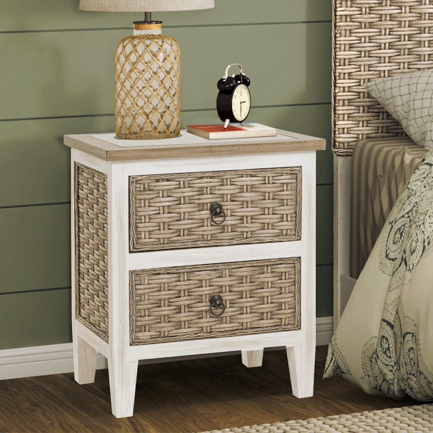 Distressed Beige Nightstand With Woven Drawer 