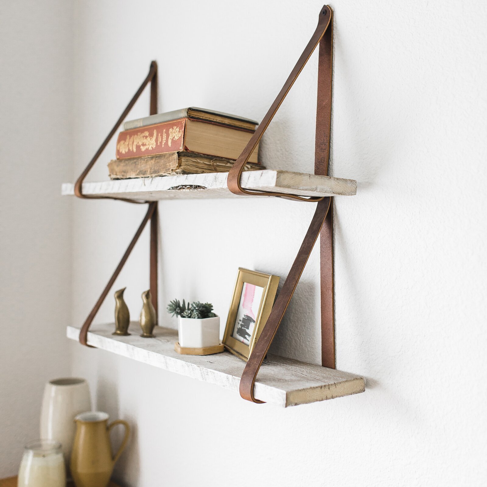 Distressed Wood Display Shelves with Leather Straps