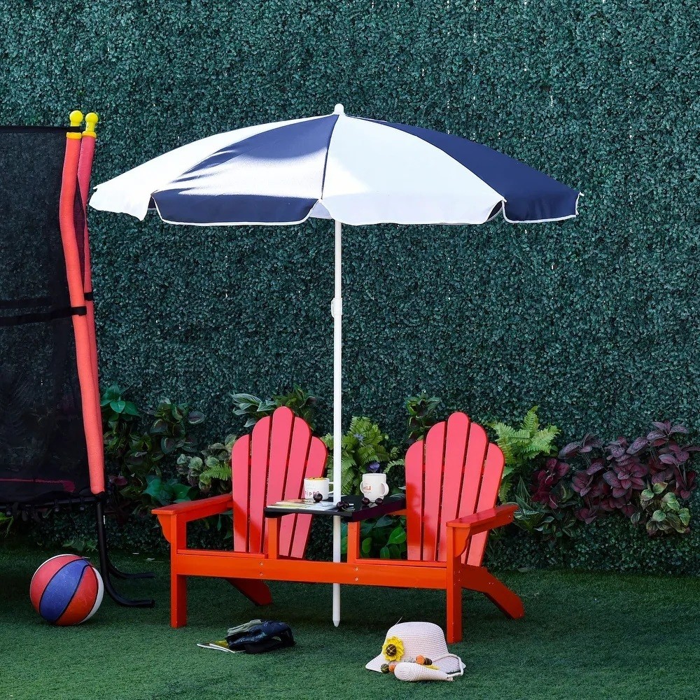 Double Adirondack chairs for kids with umbrella