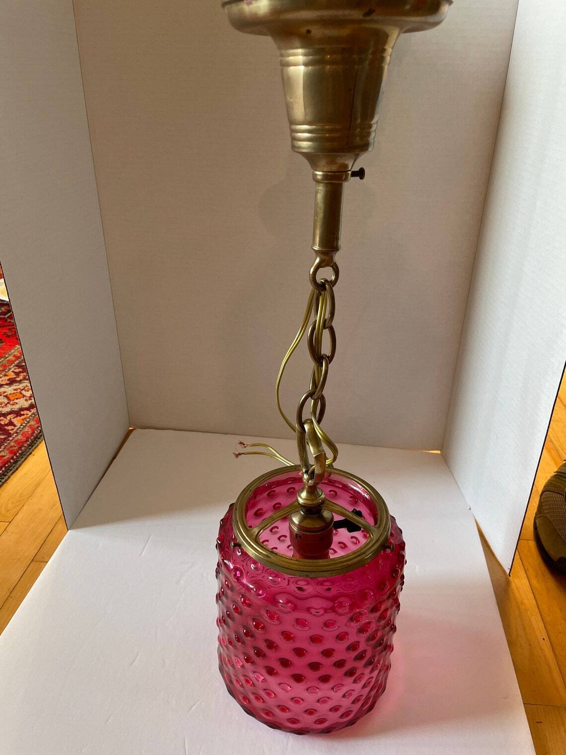 Electric Hanging Cranberry Hobnail Lamp 