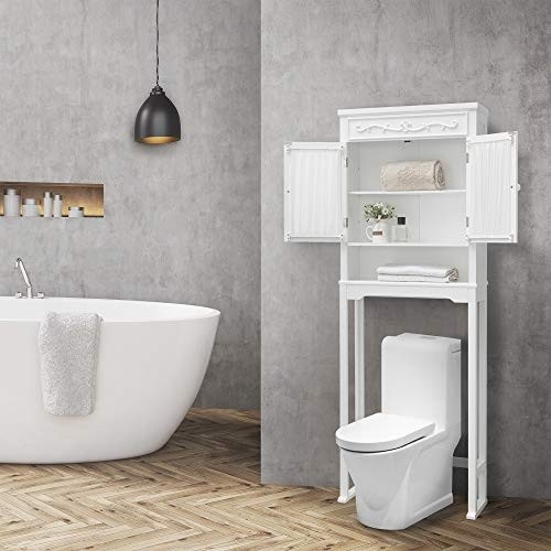 Elegant Home Fashions Lisbon Above Over the Toilet Tall Slim Bathroom Organizer Space Saver Freestanding Cabinet with 2 Curtained Doors Adjustable Shelf, White
