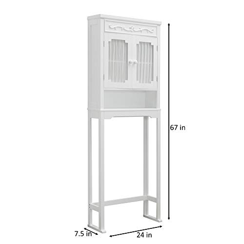 Elegant Home Fashions Lisbon Above Over the Toilet Tall Slim Bathroom Organizer Space Saver Freestanding Cabinet with 2 Curtained Doors Adjustable Shelf, White