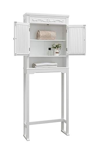 Elegant Home Fashions Lisbon Above Over the Toilet Tall Slim Bathroom Organizer Space Saver Freestanding Cabinet with 2 Curtained Doors Adjustable Shelf, White