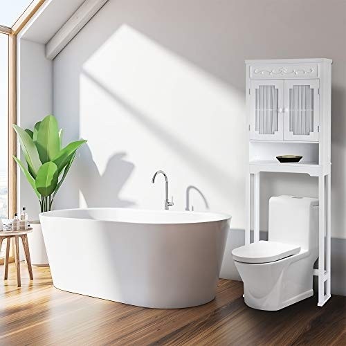 Elegant Home Fashions Lisbon Above Over the Toilet Tall Slim Bathroom Organizer Space Saver Freestanding Cabinet with 2 Curtained Doors Adjustable Shelf, White