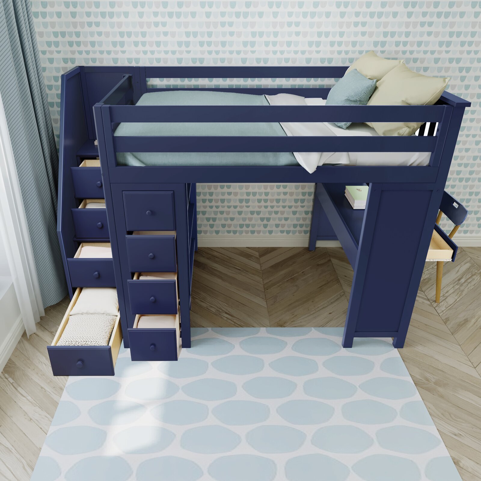 Elegant Wooden Loft Bed with Stairs and Study Area