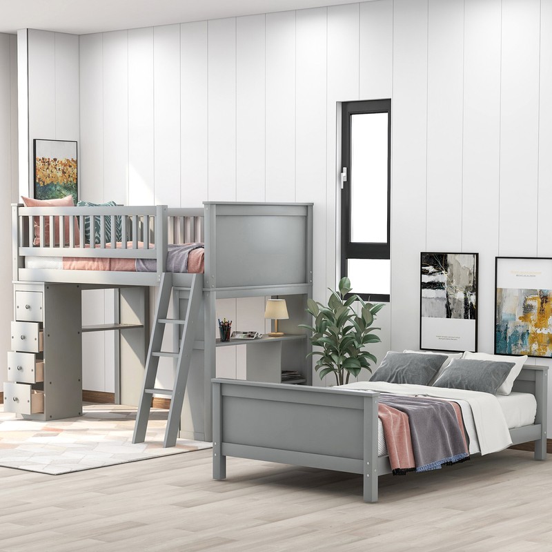 Ethaniel Twin Over Twin 4 Drawer Solid Wood L-Shaped Bunk Beds with Bookcase by Harriet Bee