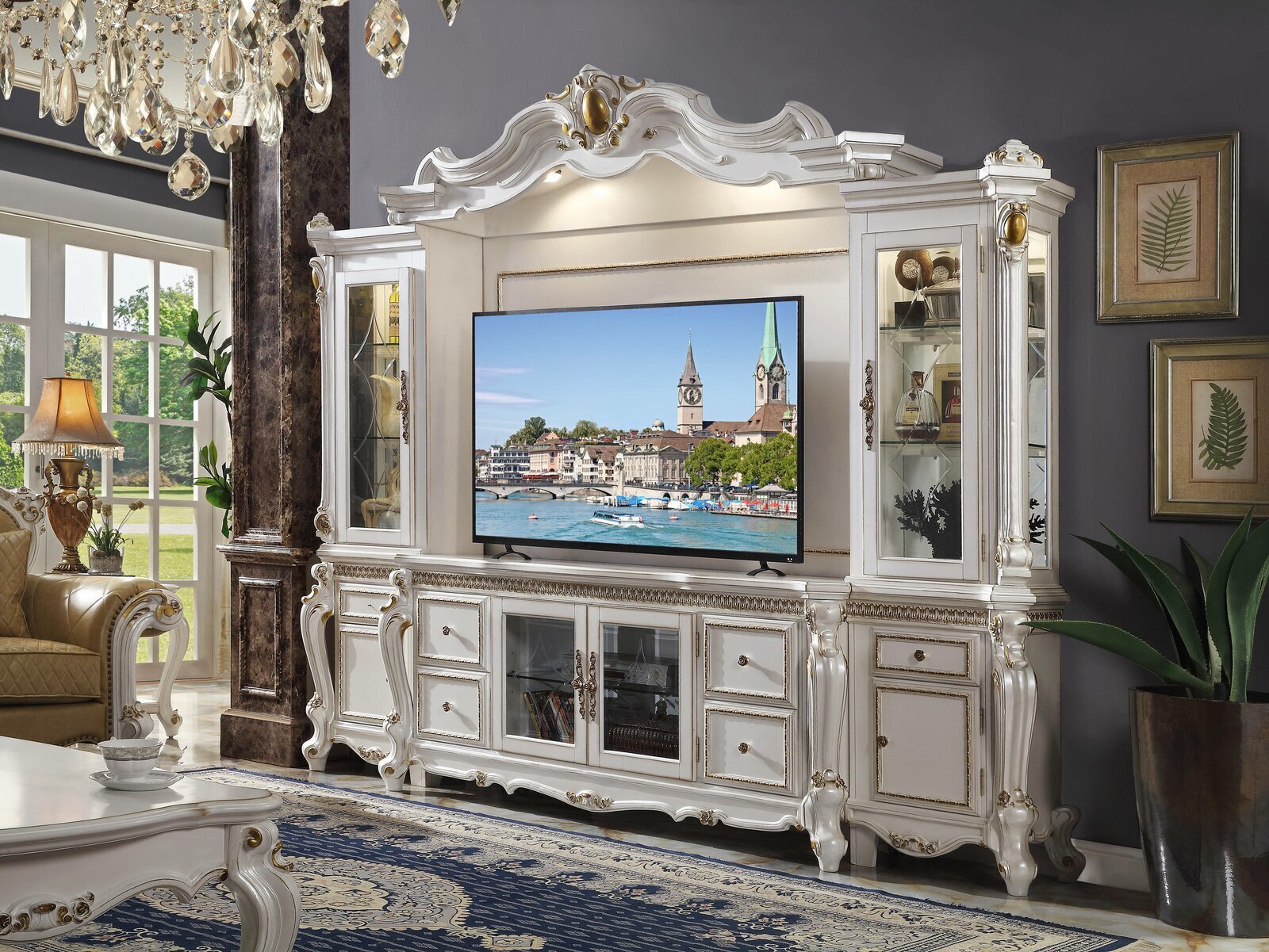 Expensive Entertainment Wall Unit with Ornate Design