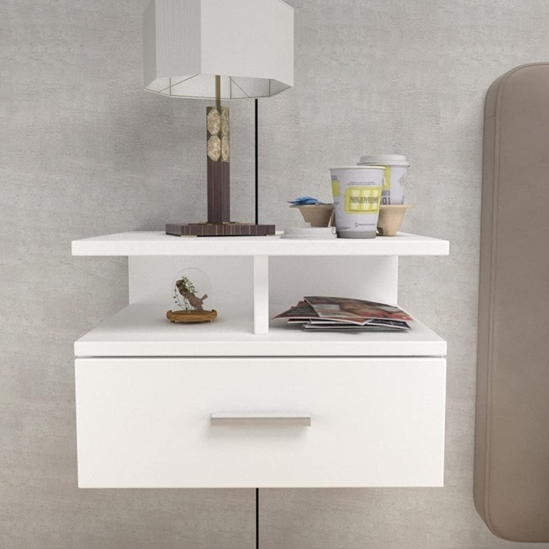 Floating Nightstand,3 Tier White Wall Mounted Nightstand With Drawer And Open Storage Shelf,Mid Century Small Night Table,For Home Living Room Bedroom