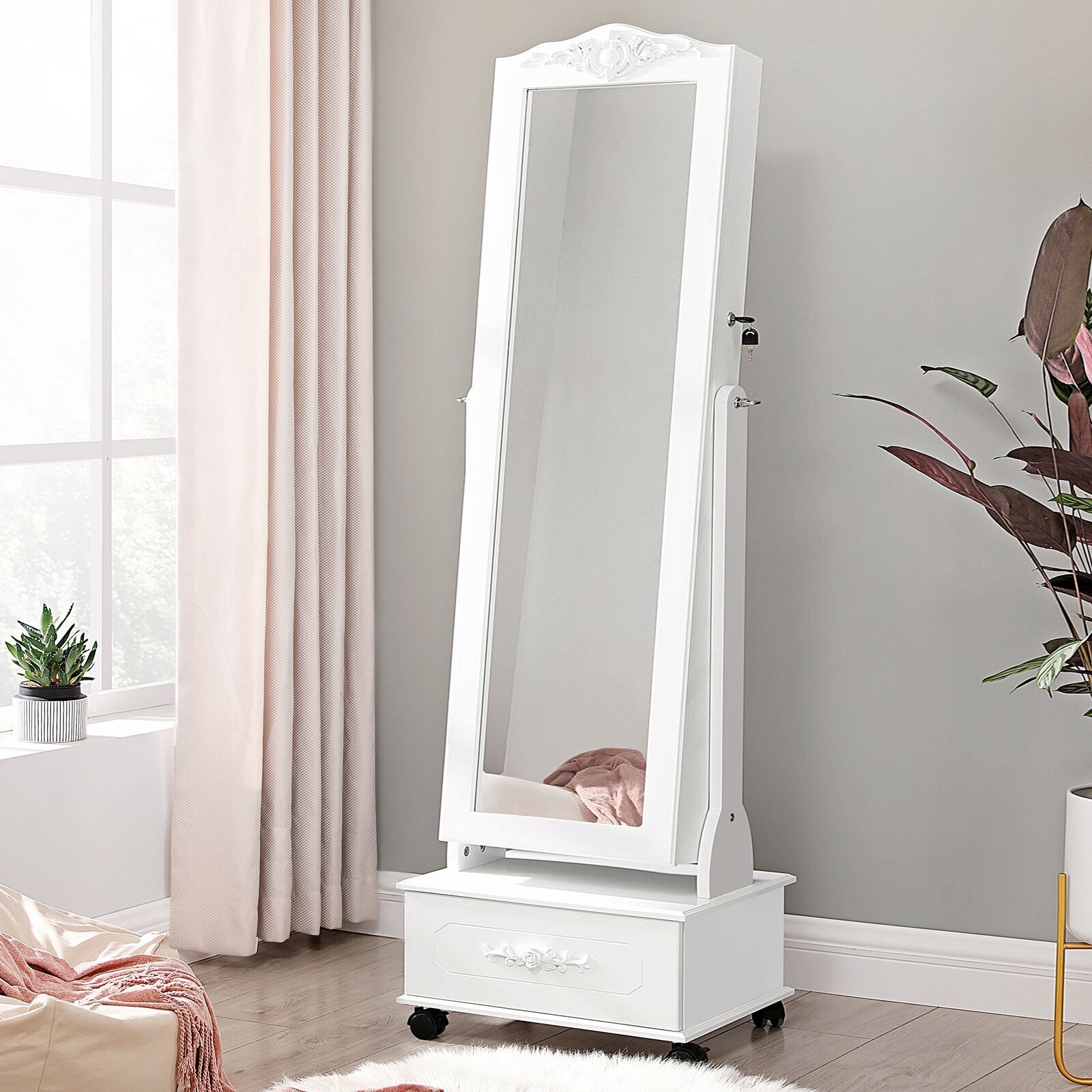 Floor Mirror With Jewelry Armoire Storage With Classic Details