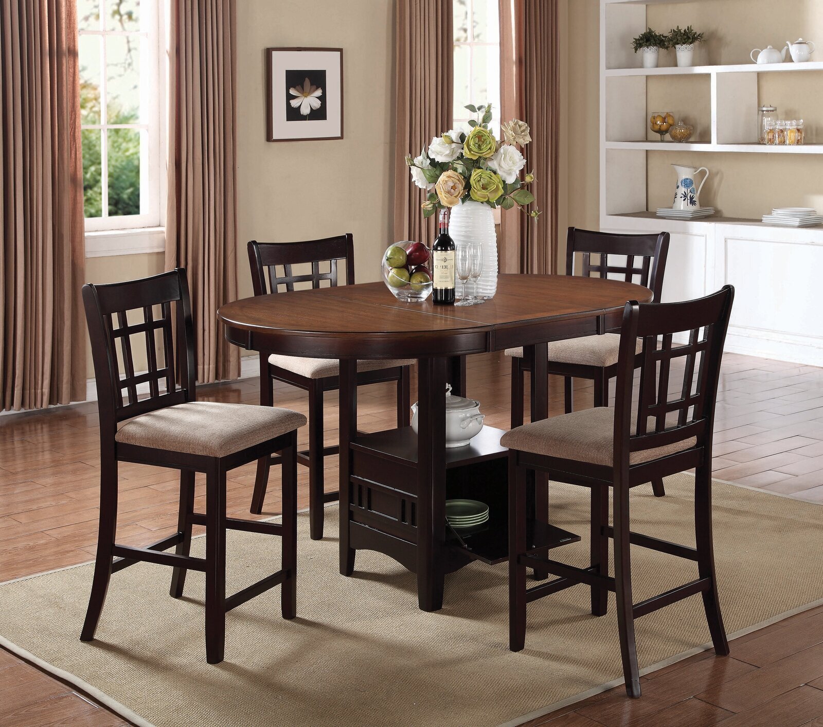Folding oval dining table with storage