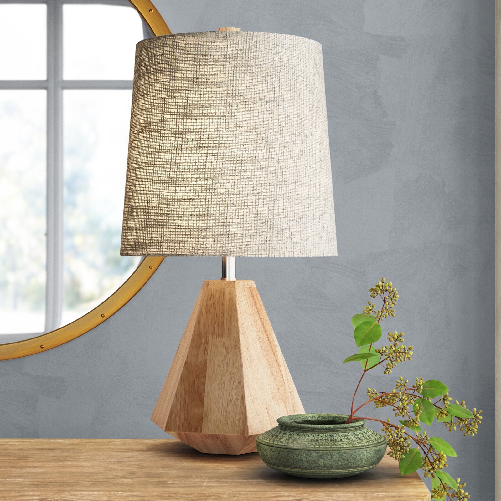 Geometric Style Natural Wood Base Japandi Lamp 