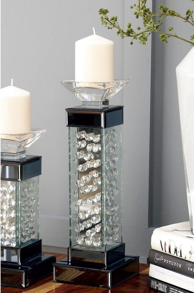 grey lantern candlestick made of glass on stand large