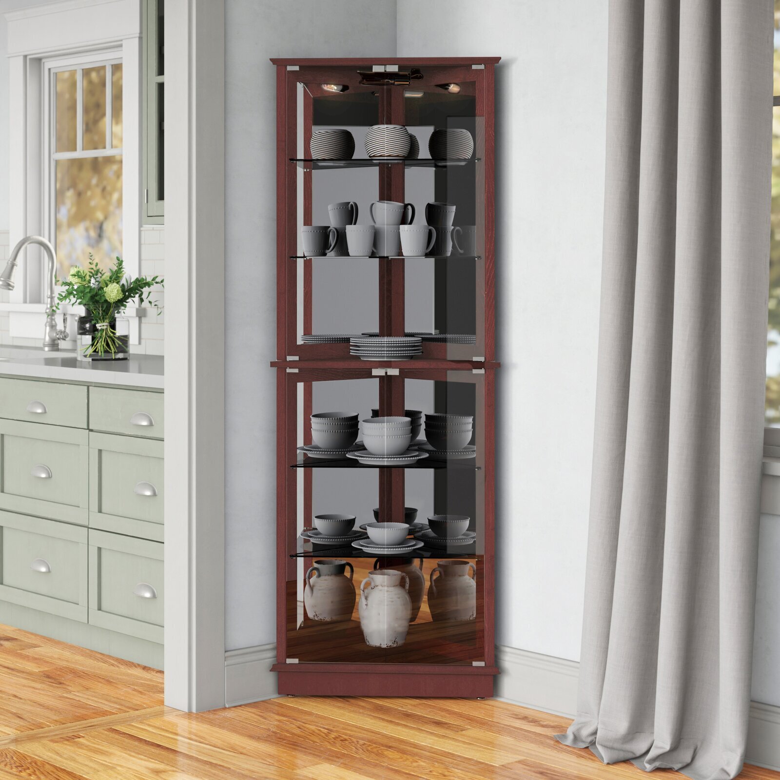 Glass and Wood Tall Corner Cabinet