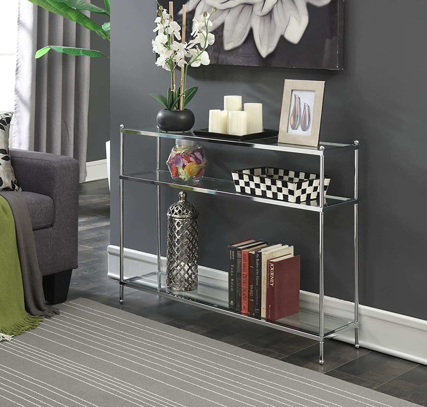 Glass Console Table for Hallway with Shelves