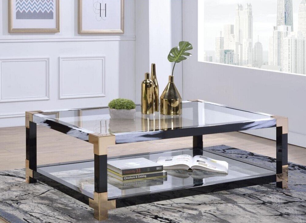 Gold Accenting Large Glass Square Coffee Table