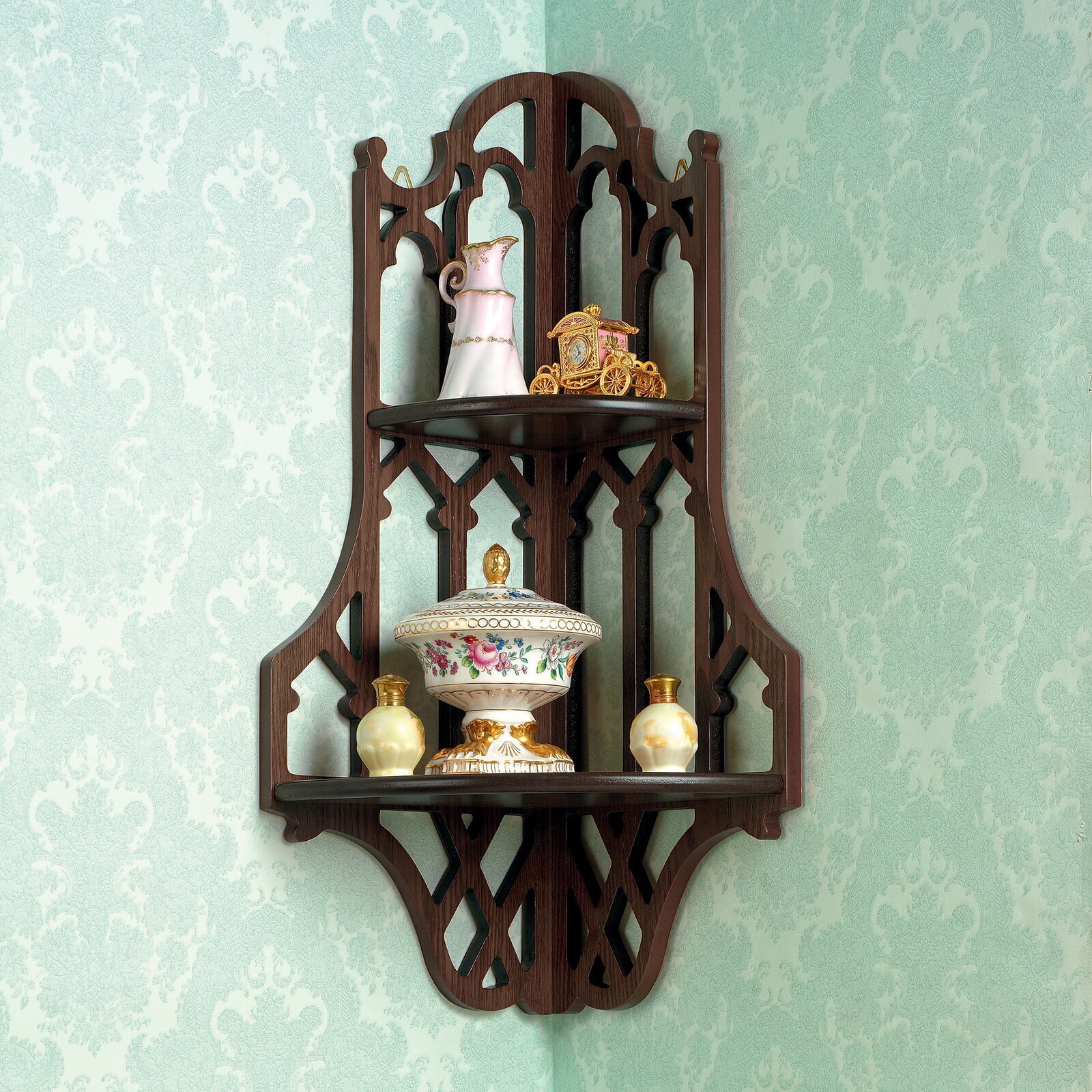 Gothic style wall mounted corner shelf 