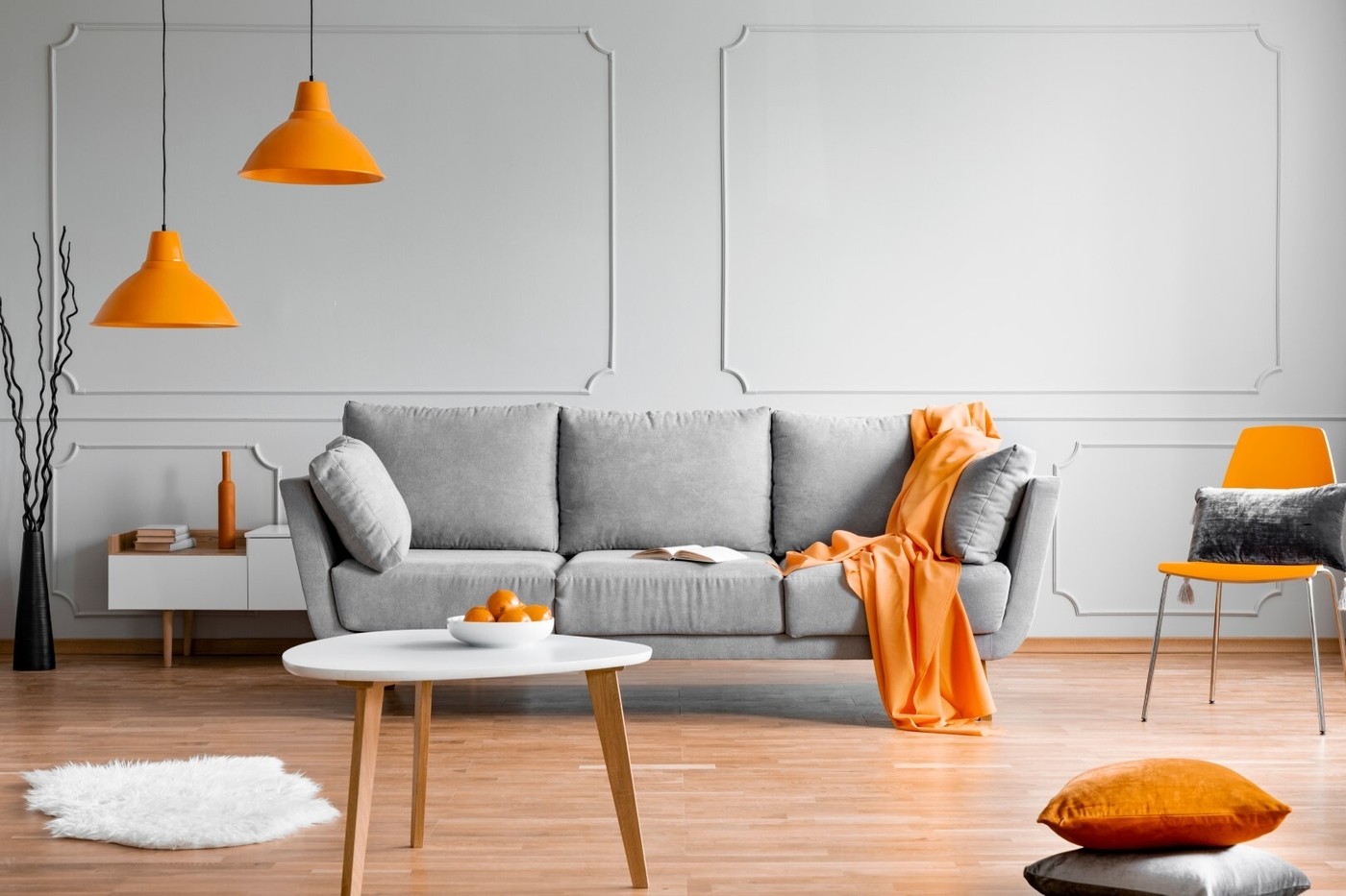 Gray Scandinavian sofa in a modern interior