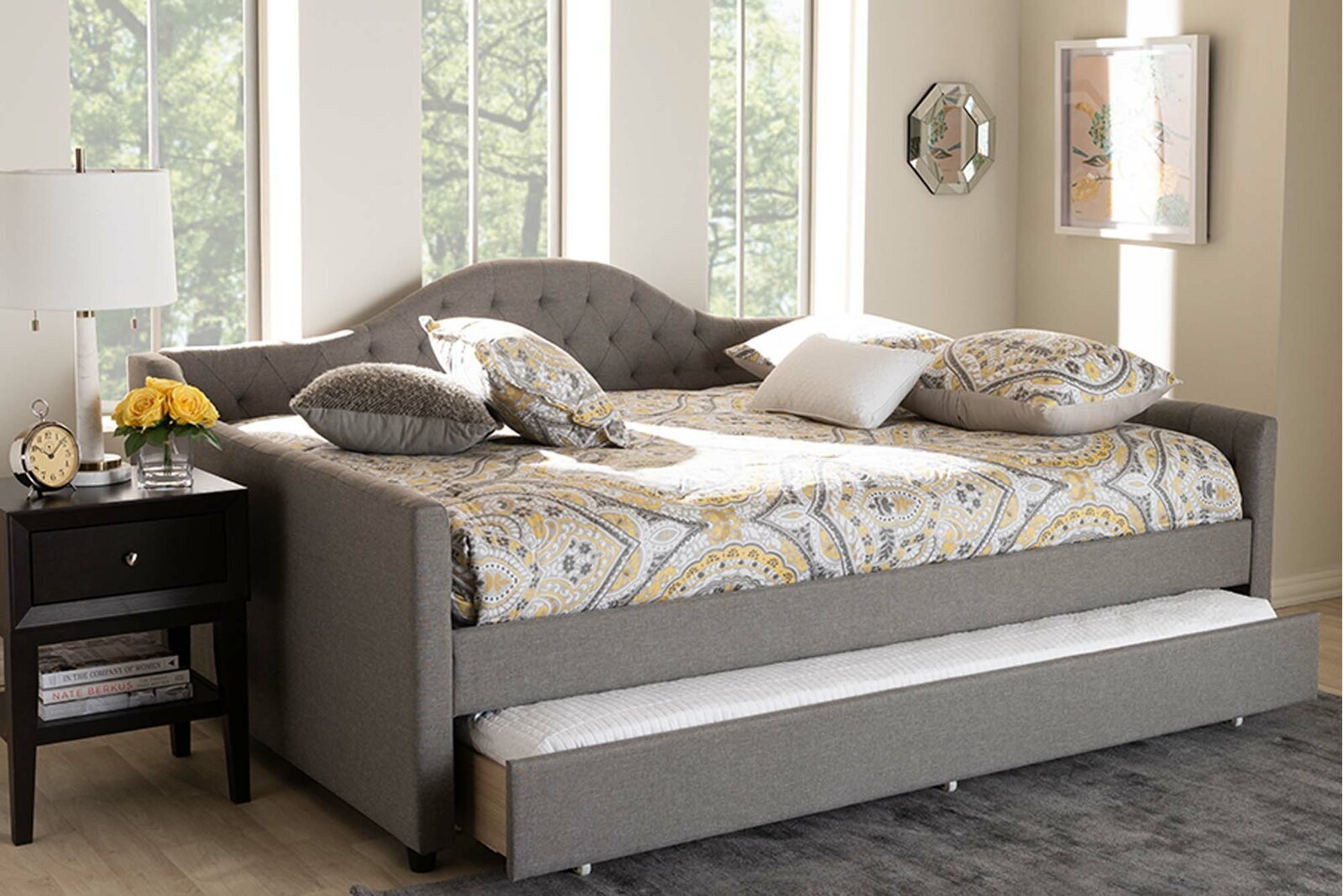 Grey Button Tufted Full Size Trundle Daybed 