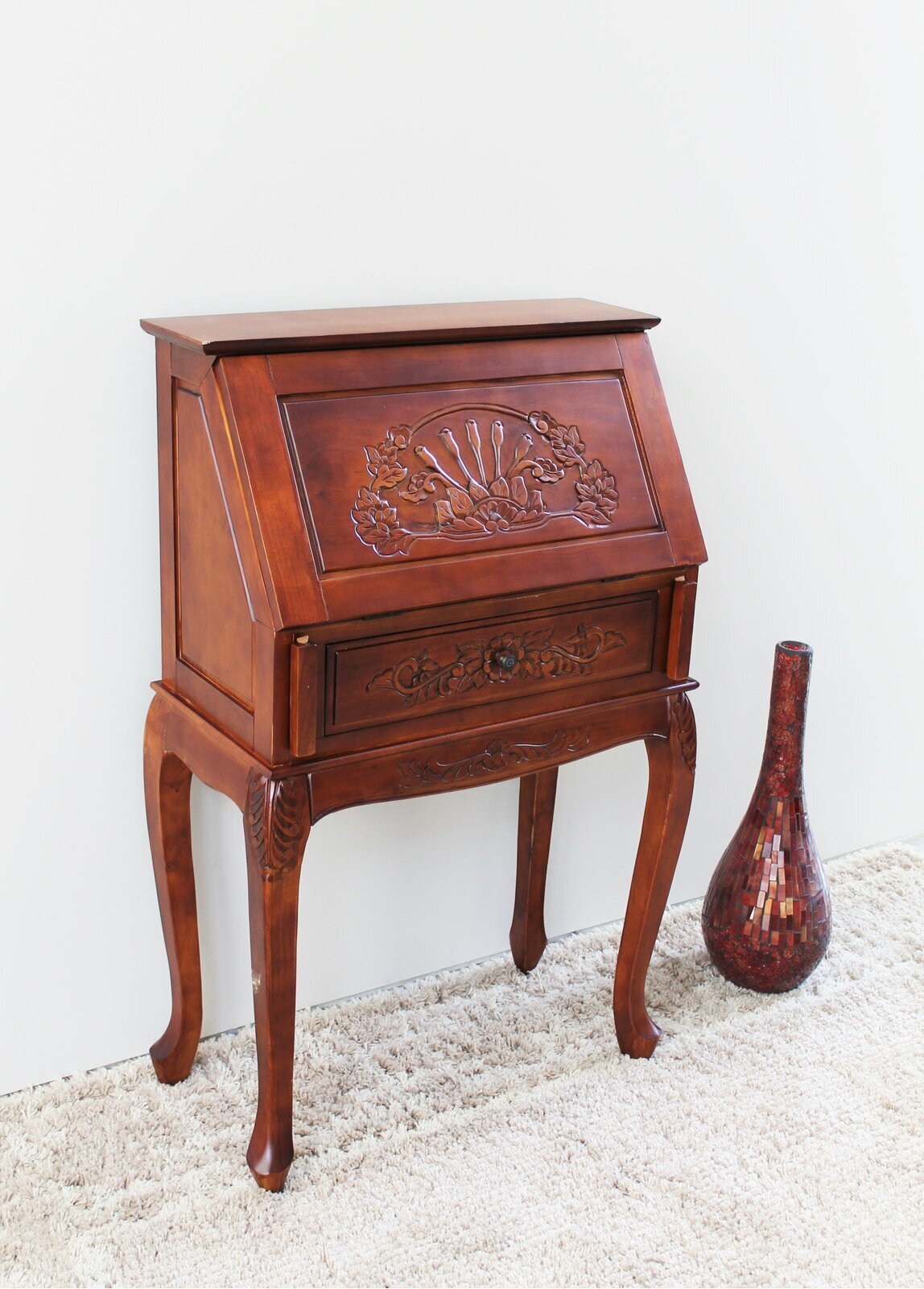 Hand Carved Secretary Desk With Covered Front  