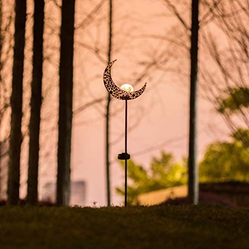 Homeimpro Garden Solar Lights Pathway Outdoor Moon Crackle Glass Globe Stake Metal Lights,Waterproof Warm White LED for Lawn,Patio or Courtyard (Bronze)