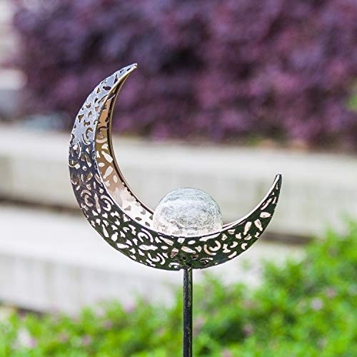 Homeimpro Garden Solar Lights Pathway Outdoor Moon Crackle Glass Globe Stake Metal Lights,Waterproof Warm White LED for Lawn,Patio or Courtyard (Bronze)