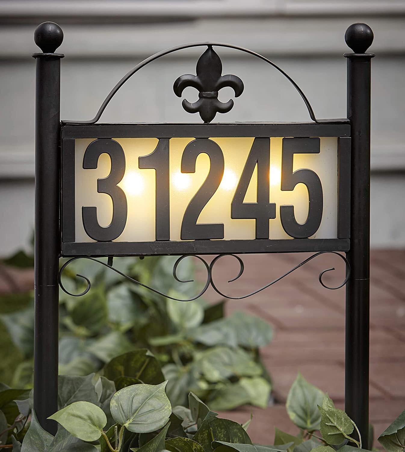 House Number Lighting with Double Stakes and Fleur de lis Style