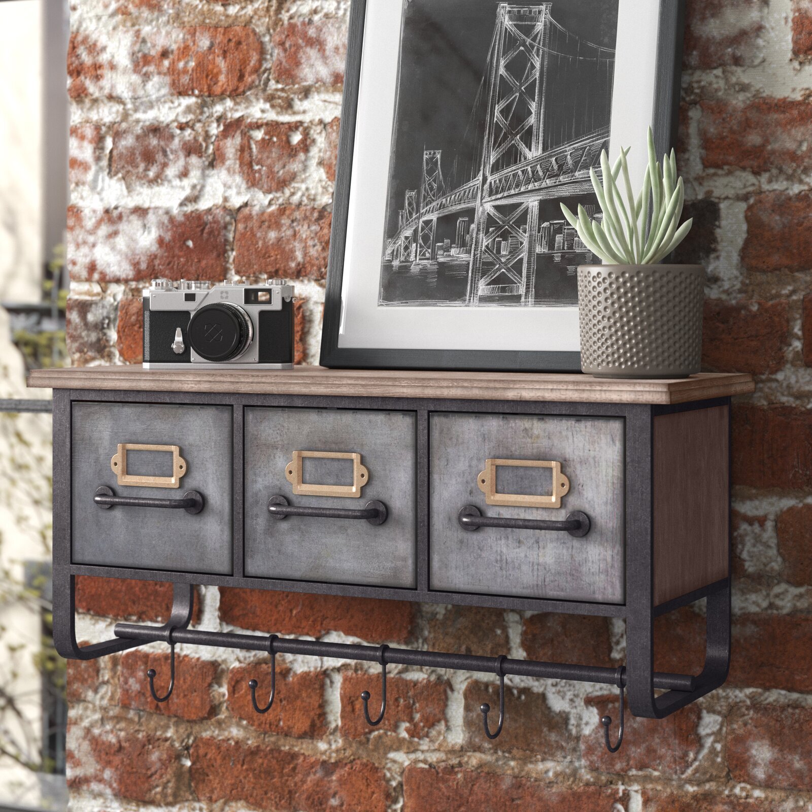 Industrial Accent Floating Shelf with Three Drawers