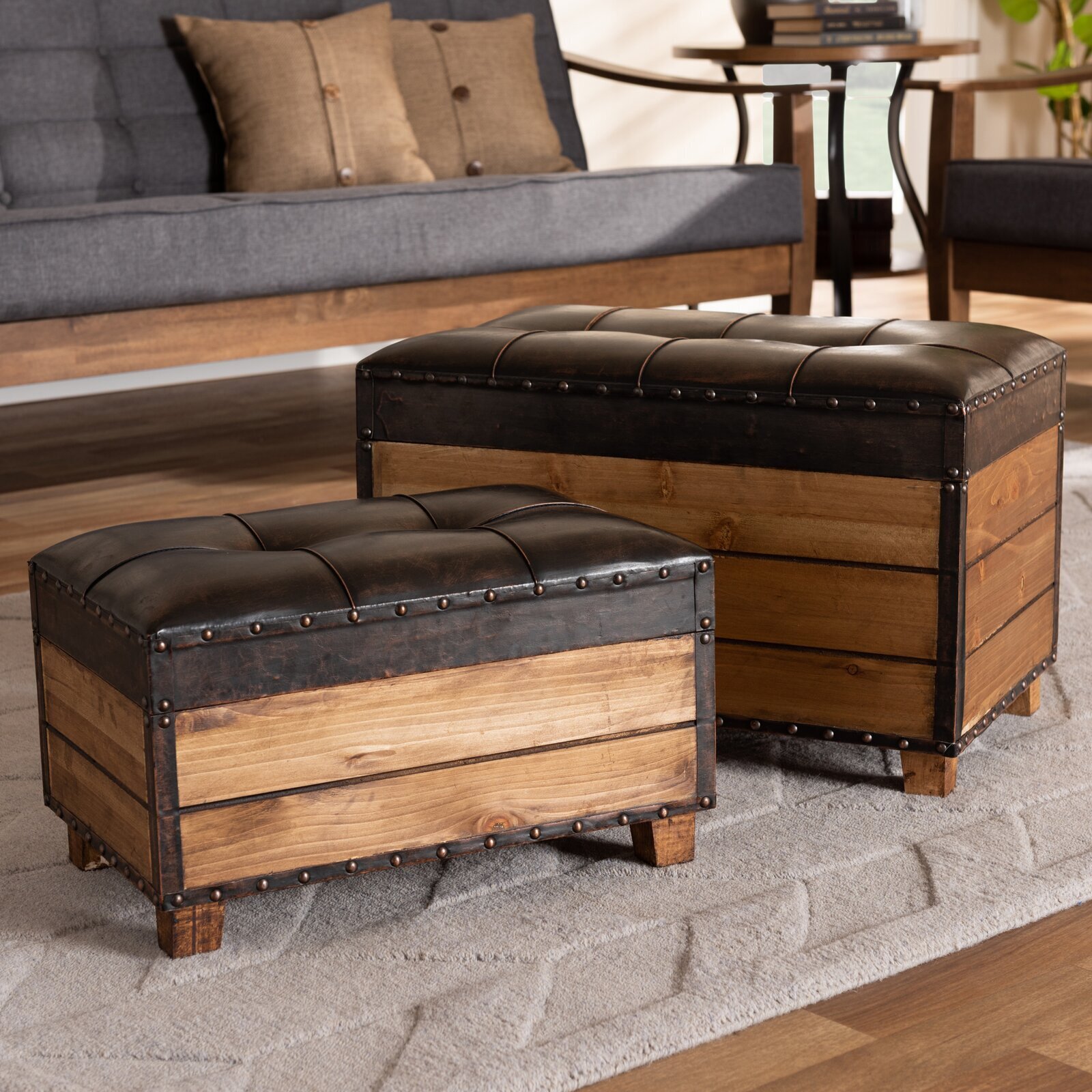 Industrial Wooden Storage Ottoman with Cushion