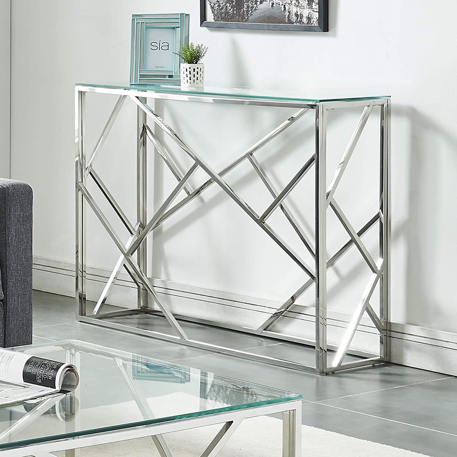 Intricate Chrome Glass Console Table