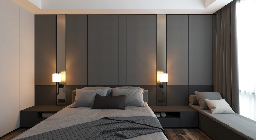 Japandi bedroom with grey walls