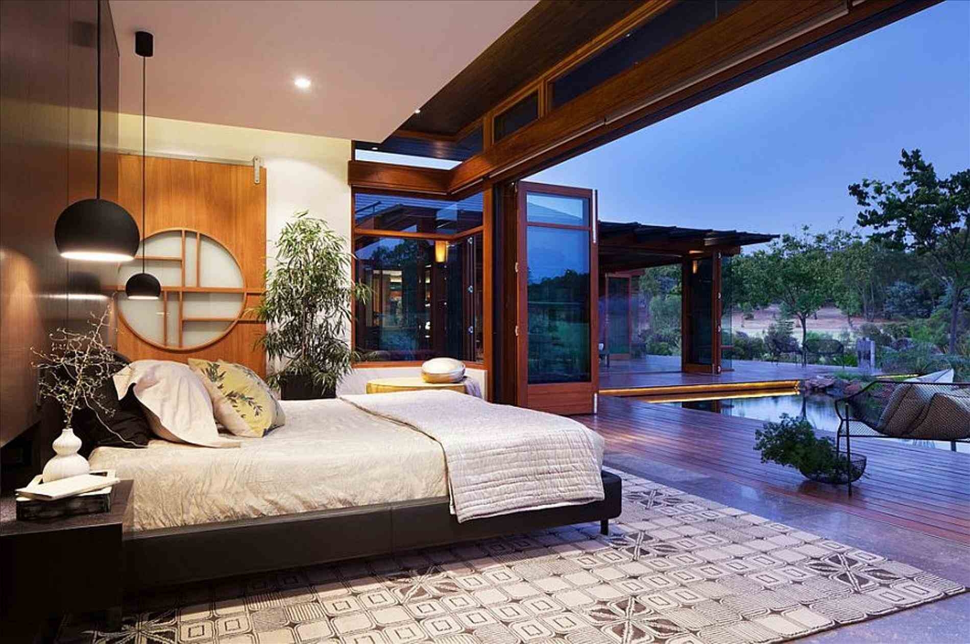Japandi bedroom with open French doors