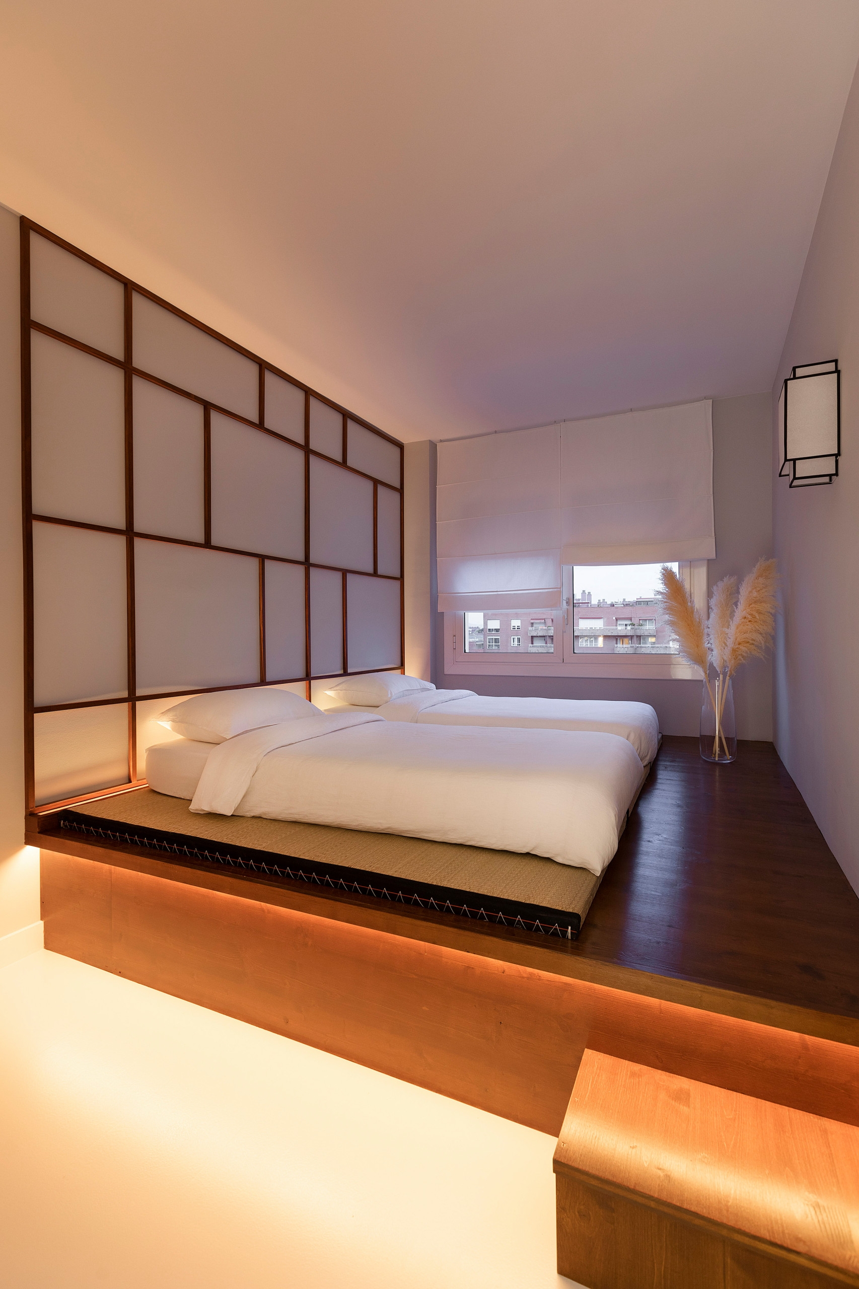 Japandi bedroom with wall panels