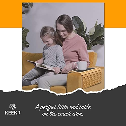 KEEKR Bamboo Couch Tray - Sofa Arm Table Holder for Food, Snack, Drinks, Beverage Coaster - Universal Size Couch Arm Table - Adjustable, Durable & Portable - Suitable for Cups, Glasses, Remote, Phone