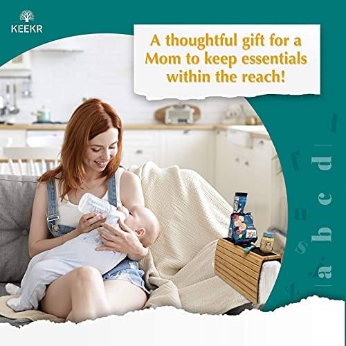 KEEKR Bamboo Couch Tray - Sofa Arm Table Holder for Food, Snack, Drinks, Beverage Coaster - Universal Size Couch Arm Table - Adjustable, Durable & Portable - Suitable for Cups, Glasses, Remote, Phone