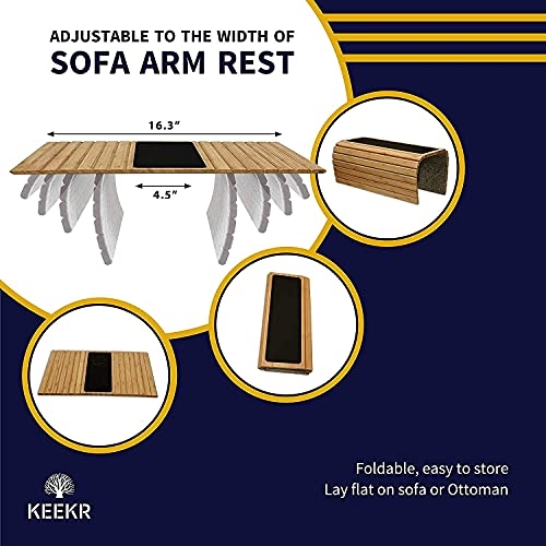KEEKR Bamboo Couch Tray - Sofa Arm Table Holder for Food, Snack, Drinks, Beverage Coaster - Universal Size Couch Arm Table - Adjustable, Durable & Portable - Suitable for Cups, Glasses, Remote, Phone