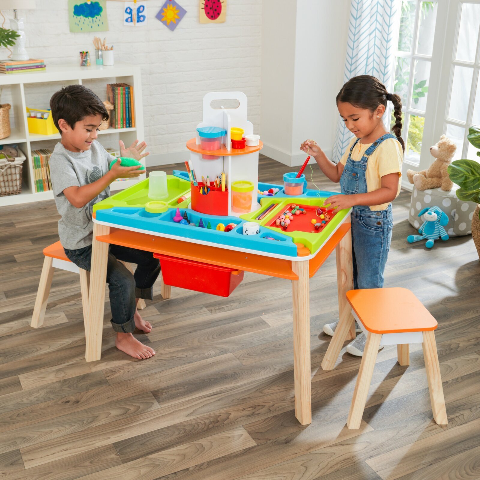 Kids Rectangular Arts And Crafts Table With Rotating Tower And Chair Set