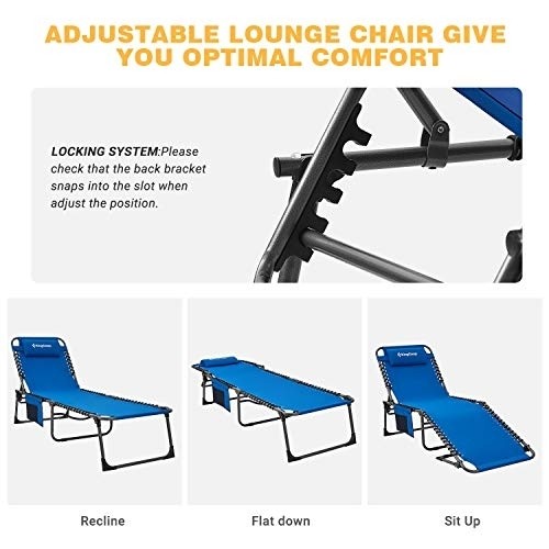 KingCamp 4-Fold Outdoor Folding Chaise Lounge Chair for Patio, Sunbathing, Beach, Pool, Lawn, Deck, Lay Flat Portable Lightweight Heavy-Duty Adjustable Camping Reclining Chair with Pillow, Blue