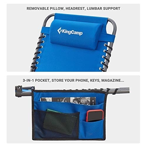KingCamp 4-Fold Outdoor Folding Chaise Lounge Chair for Patio, Sunbathing, Beach, Pool, Lawn, Deck, Lay Flat Portable Lightweight Heavy-Duty Adjustable Camping Reclining Chair with Pillow, Blue