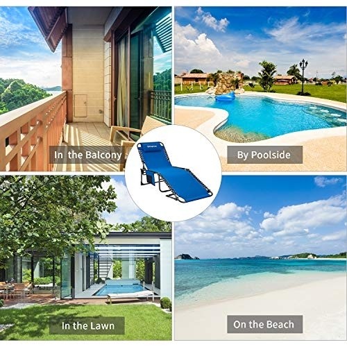 KingCamp 4-Fold Outdoor Folding Chaise Lounge Chair for Patio, Sunbathing, Beach, Pool, Lawn, Deck, Lay Flat Portable Lightweight Heavy-Duty Adjustable Camping Reclining Chair with Pillow, Blue