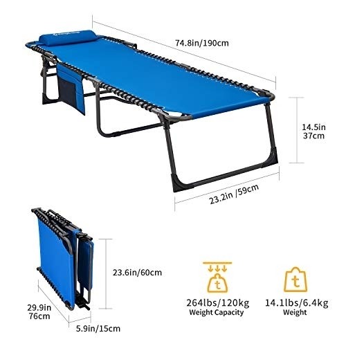 KingCamp 4-Fold Outdoor Folding Chaise Lounge Chair for Patio, Sunbathing, Beach, Pool, Lawn, Deck, Lay Flat Portable Lightweight Heavy-Duty Adjustable Camping Reclining Chair with Pillow, Blue