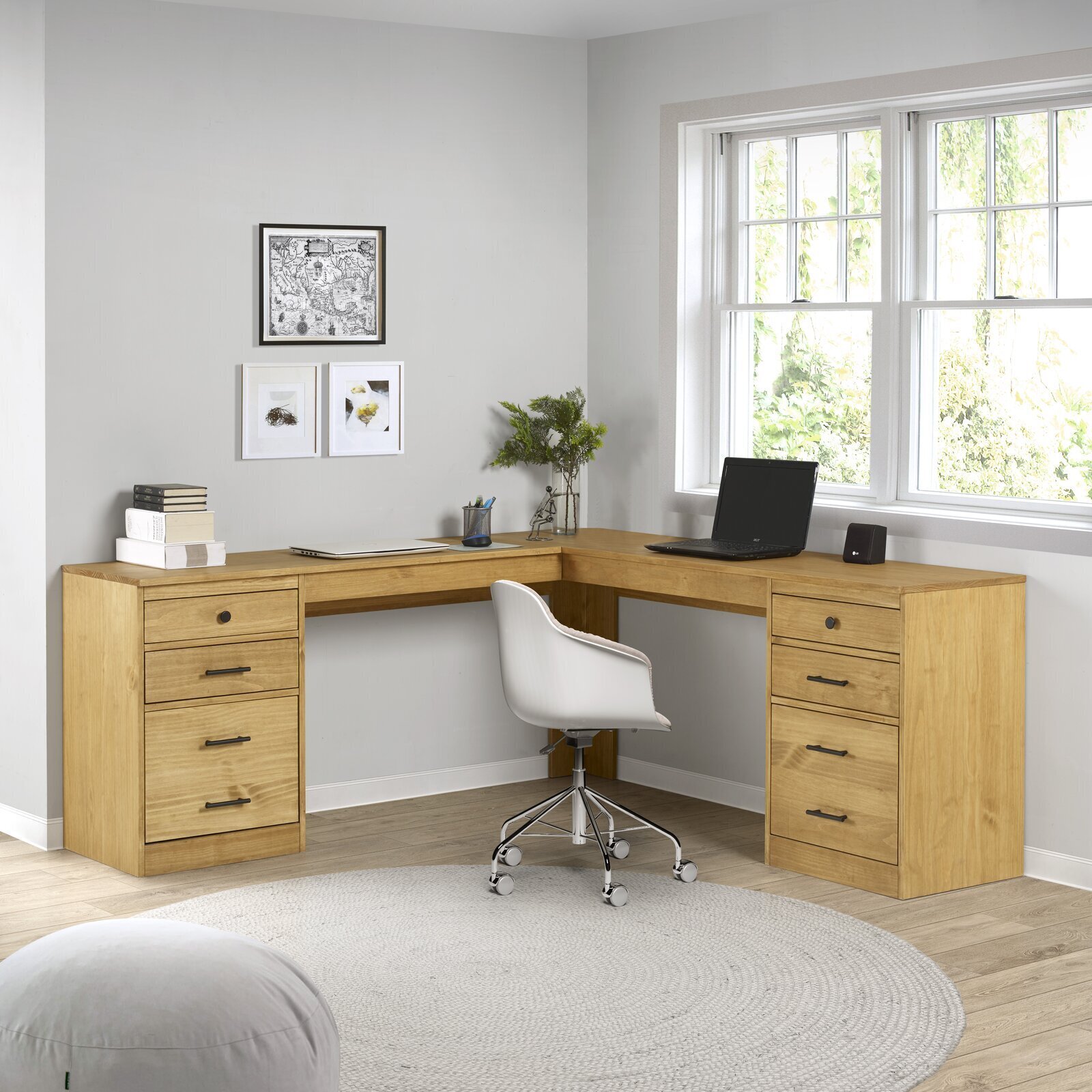 L shaped maple brown wooden office desk