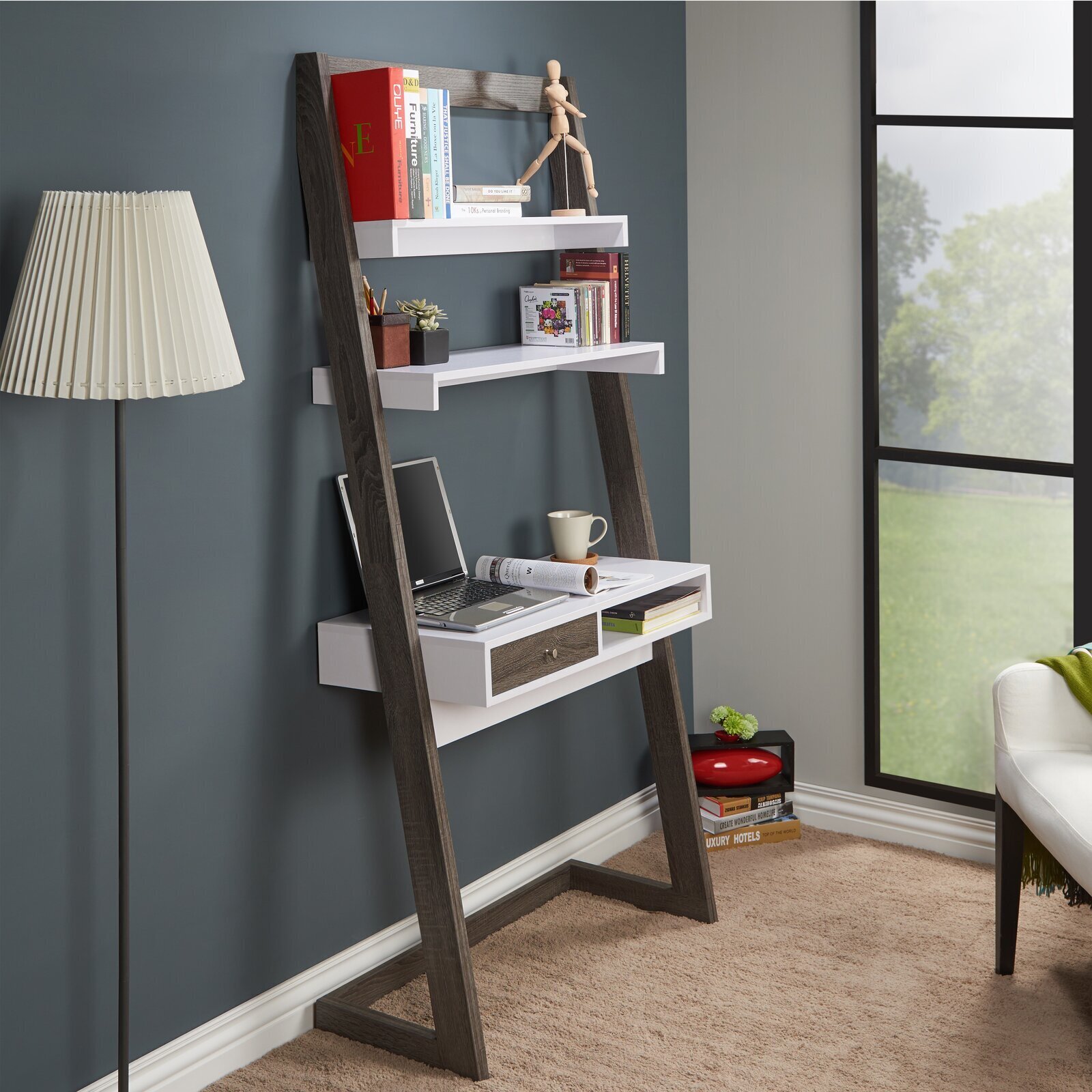 Ladder Desk With Shelves Above