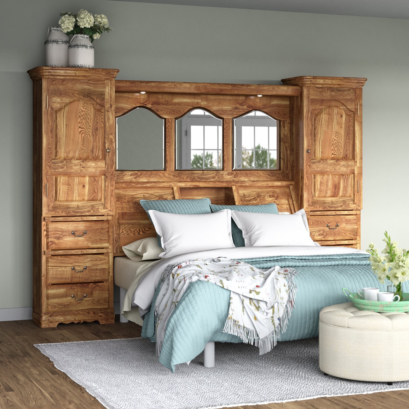 Large headboard with hidden cabinets, drawers, and shelves 