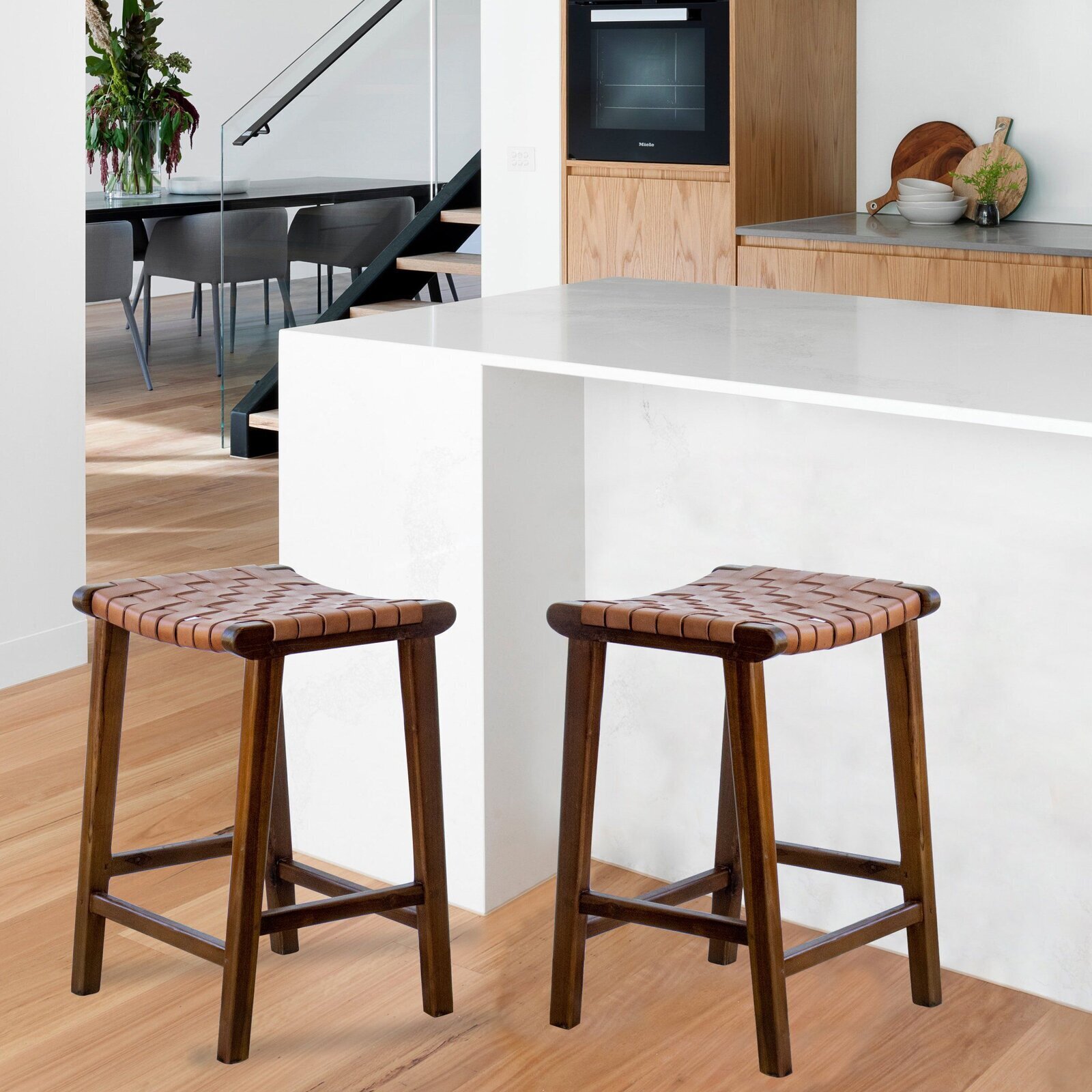 Leather Saddle Counter Stools with Strap Seat
