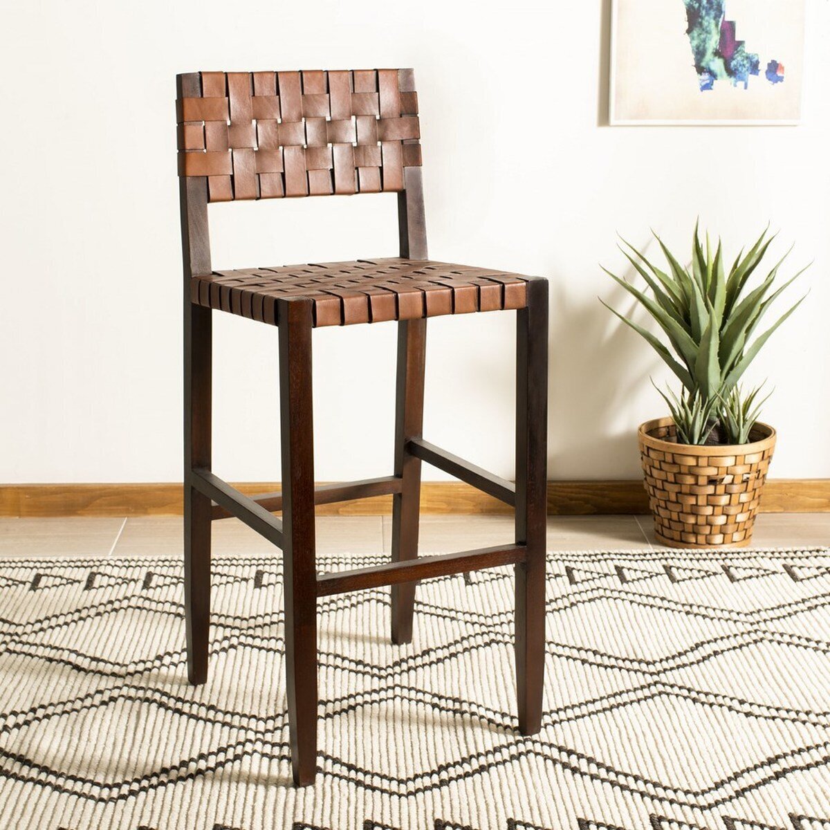 Leather Woven Western Bar Stool with Back